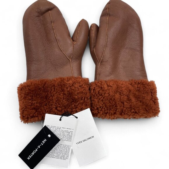 Yves Salomon Brown Lambs Wool Shearling Sheepskin Fur Mittens Gloves France Made - Picture 1 of 5